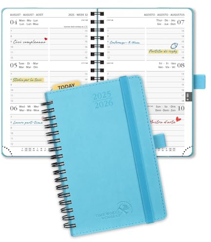 POPRUN Taschenkalender 2025 2026 Klein (Aug.2025-Dez.2026) Ringbuch mit Softcover, ca. A6 (16 x 10,5 cm), Terminplaner 2025 2026 Klein 1 Woche 2 Seite mit Plastiklineal - Blaugrün