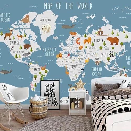 YLLMNOBM Weltkarte Tierkarte Kinderzimmer 3D-Tapete geeignet für Schlafzimmer Wohnzimmer TV Hintergrund Wand Studio Wandkunst Wandbild