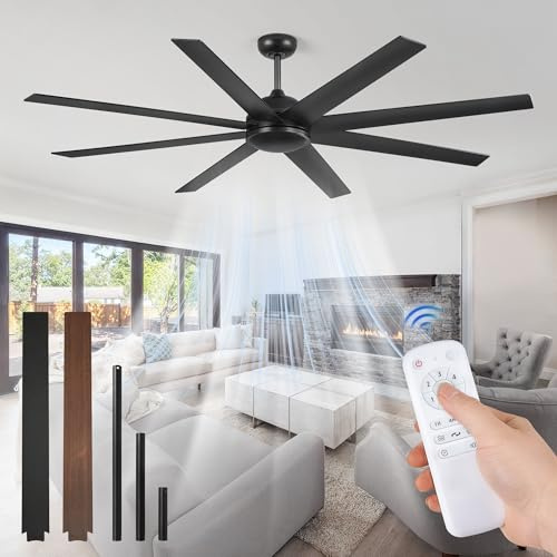 Ventilador de techo de 72 pulgadas sin luz, ventilador de techo negro con control remoto, 6 velocidades, motor DC reversible silencioso, ventiladores de techo industriales sin luces para