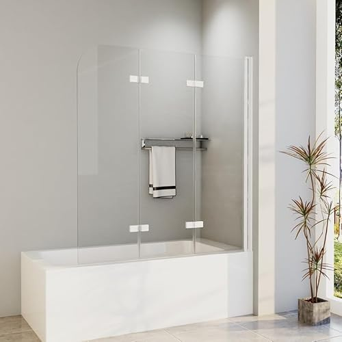 Duschwand für Badewanne 120x140cm 3-Teilig Faltbar Badewannenaufsatz, Weiß Alu Duschabtrennung mit 6mm NANO Easy-clean Sicherheitsglas, Duschtrennwand Faltbar 180°