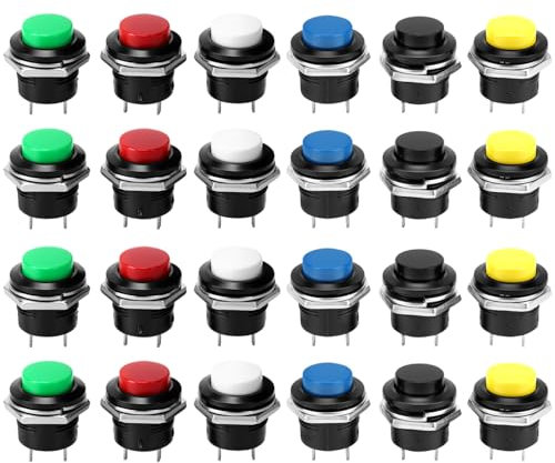 QWORK® Lot de 24 Interrupteurs à Bouton-Poussoir Momentané 16 mm - 3A 250V AC 2 Pôles - Assortiment de 6 Couleurs