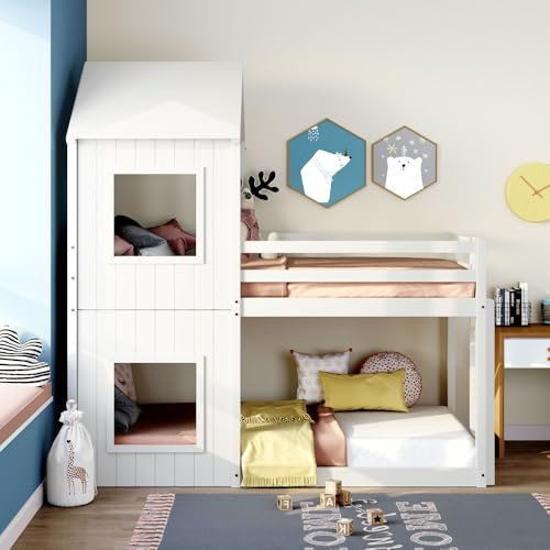 White Wooden Treehouse Bunk Bed with Canopy Ladder Guardrail Single Cabin Frame for Kids Solid Pine Wood 3FT Mid Sleeper (90cm*190cm)