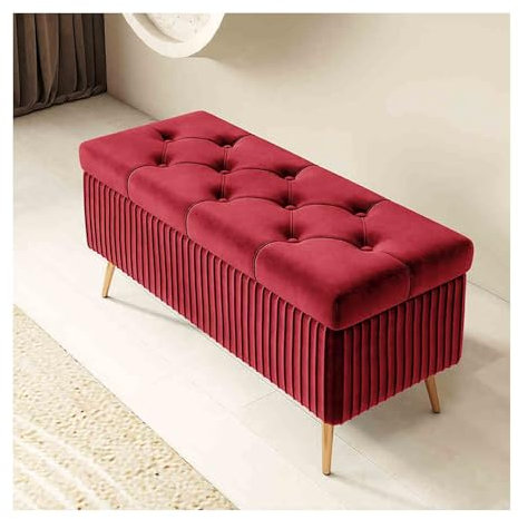 Polsterbank mit Stauraum, mit Schuhwickelhocker und Aufbewahrungsbox, Bettbank für Wohnzimmer, Eingangsbereich, Büro, Schlafzimmer, Rot, 80 x 40 x 45 cm