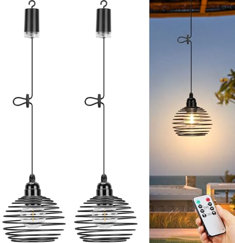 Glowlit 2 Stücke Hängelampe mit Batterie, Akku Pendelleuchte Schwarz mit Fernbedienung, Dimmbar Outdoor Lampe Hängend, Vintage Hängeleuchte Batteriebetrieben für Garten Camping Deko