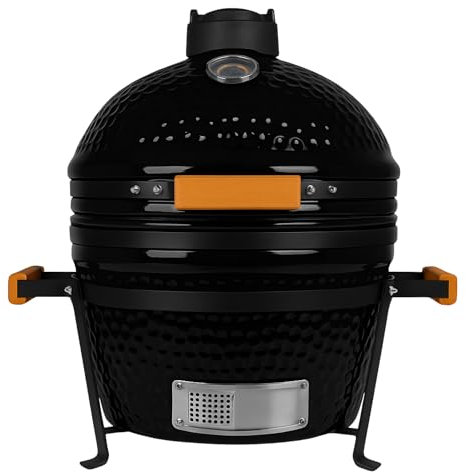 Kamado, barbecue giapponese in ceramica, diametro 40 cm, con carbone di legno, termometro incorporato, manico in legno, colore nero, ideale per giardino, terrazza, campeggio