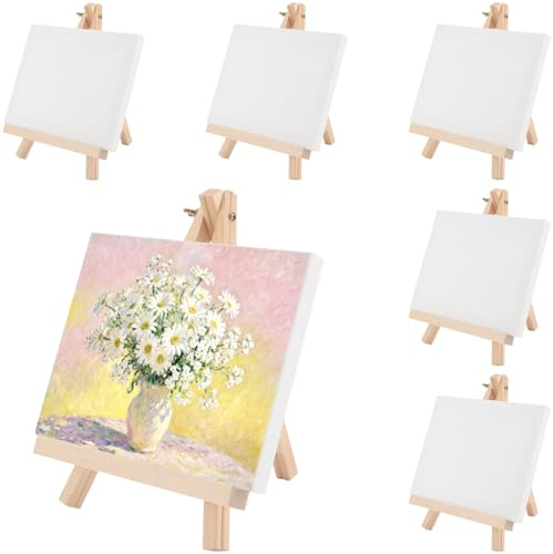 CHUIFAI 6 Stück klein Leinwand mit Staffelei Set, 18x24cm kleine Staffelei Holz mit 15x20cm Mini Leinwand, Tischstaffelei Staffeleis Set für Zeichnen, Deko, Kunstdisplay