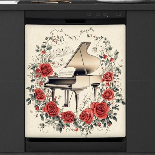 Copertura magnetica per lavastoviglie, decorazione per porta d'ingresso, elegante, vintage, con rose per pianoforte, copertura magnetica per elettrodomestici da cucina, 58,4 x 66 cm
