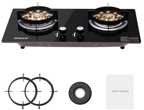 WPKD BLUEIY Fornello a gas con 2 bruciatori, pannello in vetro temperato, 7,2 kW, 9 cavità temporizzate ad alta fiamma, per gas naturale GPL elettrodomestico da cucina (73 x 41 x 16 cm, 8,4 kg)