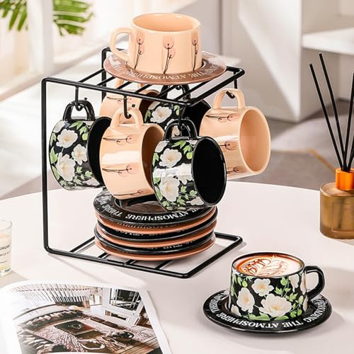 Juego de 6 tazas de café de cerámica Demitasse con platillos y soporte, tazas de café apilables para té, latte, café moca, microondas y lavavajillas