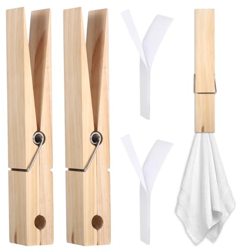 Lot de 2 grandes pinces à linge en bois de 30,5 cm, pinces à serviette géantes en bois rustique avec attaches auto-adhésives en nylon, pinces en bois naturel pour accrocher des couvertures, des
