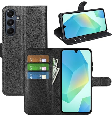 Fertuo fodral till Samsung Galaxy A17 5G, premium läder plånbok flip folio fodral med silikonstötfångare [stativ] [korthållare] [magnetiskt spänne] bokhylla hud, svart