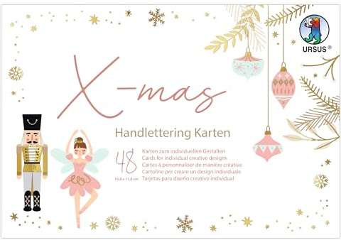 Ursus 2497 64 99F - Tarjetas de letras Navidad, 48 piezas de cartón de 300 g/m², 16,8 x 11,6 cm, 16 motivos surtidos, papeles recubiertos de láminas para letras y diseño