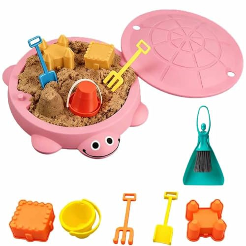 Mini Turtle Sandbox Desk Toy, Desktop Sandbox with Lid Soft Moldable Space Sand Sand Garden for Desk Kit with Small Tools Beach Playset Gifts Decor Accessories for Home Stress Relief (Pink)