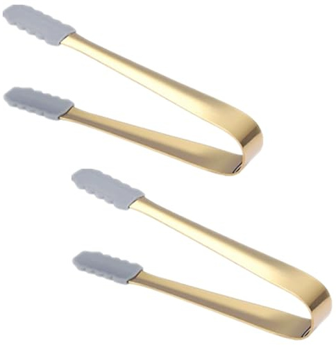 DKJEkdje 2 Pcs Serving Tongs Kitchen Tongs, Stainless Steel Ice Tongs Food Cooking Tong Silicone Sugar Cube Tong Non-Slip Ice Serving Clip for Ice Sugar Cubes, Gold