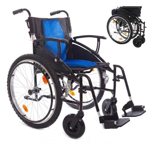 Lightweight All-Terrain Manual Wheelchair, Self-Propelled Aluminium Frame with Quick Release Wheels, 20-Inch Seat, Foldable Design, Black with Blue/Red Cushion (Blue, 20 Seat Width)