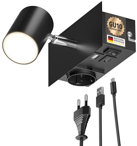 ledscom.de Wandspot WAIKA, 1-flammig, schwarz, Steckdose, USB-C, USB-A, inkl. LED GU10 Lampe, 3-Stufen-Dimmer, 500lm, warmweiß