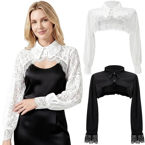 Tivi Tovo 2 Pcs Women's Lace Bolero Shrug Crop Top, Detachable Long Sleeve Cover Fake Collar for Dresses, Cosplay, Wedding(Black，White)