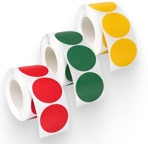3 Runde Aufkleber Stickers mit je 500 Stück in Rot, Gelb und Grün, vielseitige 25-mm etiketten selbstklebend rund zur Farbcodierung, Organisation, Inventur und Kennzeichnung in Büro, Haushalt, Lager u
