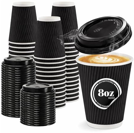 CaterCo 8oz Black Ripple Wall Coffee Cups & Lids - 200 Pack Triple Insulated Cups & Lids for Hot Drinks, Tea - Recyclable, Black Paper Cups for Cafes, Takeaway, Office - 8oz / 237ml - 200 Cups & Lids