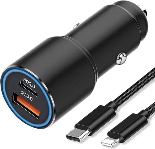 Auto Ladegerät 38W PD&QC 3.0 für iPhone 14 13 12 11 Pro Max/SE 2020 2022 XR XS X 8 7 Plus/14 Pro/13 Mini/XS Max,KFZ Zigarettenanzünder,Dual Metall Auto Ladeadapter/USB C Ladestecker mit Ladekabel