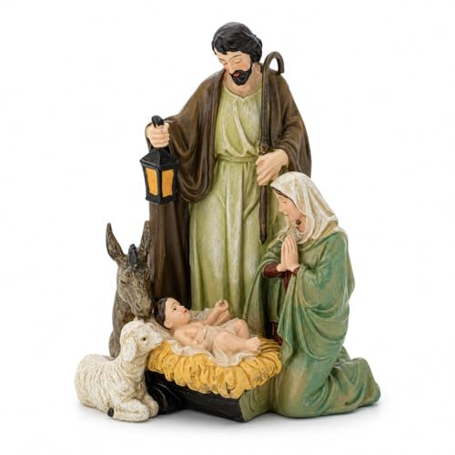 Genubi Industry Krippenfigur Weihnachten 12 cm, Heilige Familie aus Harz mit Jesuskind Maria Josef Esel und Lamm, kleine Weihnachtskrippe für Tisch, Regal, Hausaltar, religiöse Deko Geschenk
