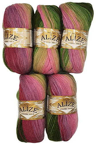 5 x 100 g Alize Strickwolle mehrfarbig mit Farbverlauf, 500 Gramm Strickgarn mit 20% Wolle-Anteil (beere flieder grün beige 2527)