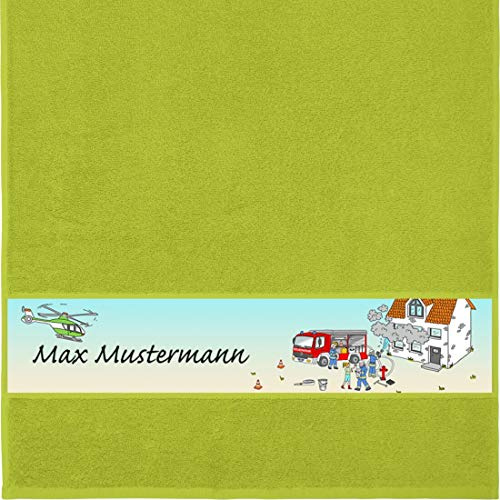 Manutextur Handtuch mit Namen - Motiv Kinder - Feuerwehr - viele Farben & Motive - personalisiert - hellgrün - Größe 50x100 cm - persönliches Geschenk