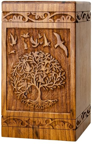 INTAJ Urne funéraire en bois sculpté à la main pour cendres humaines – Design arbre de vie – Capacité de 81,6 kg – Convient aux hommes et aux femmes adultes – Urne funéraire décorative et cercueil