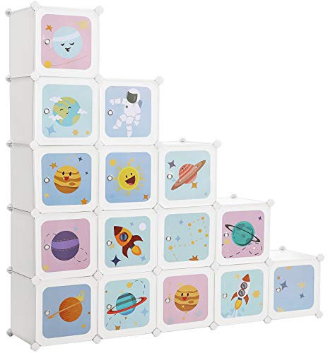 SONGMICS Regalsystem mit 15 Würfeln, Aufbewahrungsschrank für Kinder, Kleiderschrank mit Türen, Schuhregal aus Kunststoff, Steckregal, Mehrzweck, Schuhe, Spielzeug, 153 x 31 x 153 cm, weiß LPC902W
