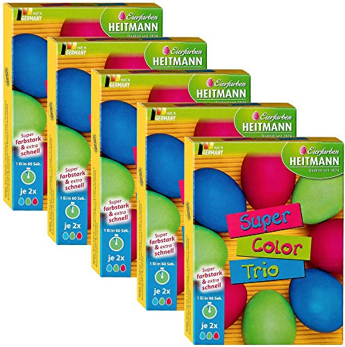 Eierfarben HEITMANN Super Color Trio - Für weiße und Braune Eier- Super Farbstark, Extra schnell und einfach anzuwenden (5 Packungen, Super Color Trio)