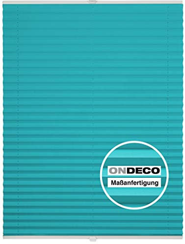 ondeco Plissee Klemmfix auf Maß für alle Fenster innen, ohne Bohren, Montage Klemmträger Sonnenschutz Sichtschutz Rollo Blickdicht Türkis B: 41-50 cm, H: 151-200 cm