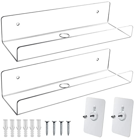 Mocoosy 2 Pack Klar Acryl Wand Schwebe Regale, 10'' Verbessert Unsichtbar Bild Leiste Regal Klein Schwimmend Bücherregal für Kinder,Transparent Wandmontiert Display Regale für Badezimmer Büro Zuhause