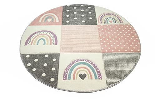 CARPETIA Kinderteppich Kinderzimmer Teppich Herzchen Regenbogen Punkte Design Creme rosa grau Größe 120 cm Rund