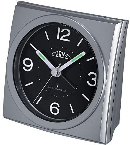 PRIM Funkwecker mit reibungslosem Ablauf, Kunststoff-Wecker, Silber&Schwarz, Alarmverstärkung, Wiederholungsalarm, Lichtfunktion, Quarz-Uhrwerk, präziser und leiser Betrieb, Klein/Normal
