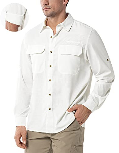 33,000ft Sportshirt för män för utomhusbruk, andningsbar snabbtorkande T-shirt, UV-skydd 50+, Lämplig för vandring och fiske under alla årstider, Vit, L
