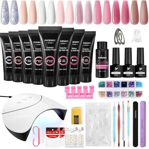 Phoenixy Poly Extension Gel Kit 8 Couleurs Kit Ongle Gel UV Complet avec Lampe à Ongles Kit Ongle Gel avec Base et Top Coat Faux Ongles Acrygel Ongle Outils de Manucure