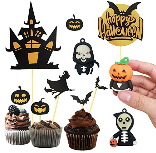 Rhsemi Halloween Cake Topper,Halloween Tortenaufleger,Halloween Kuchendeko mit Kürbis Spinne Bat Hexe Schloss für Halloween Dekorationen Party Favor Supplies