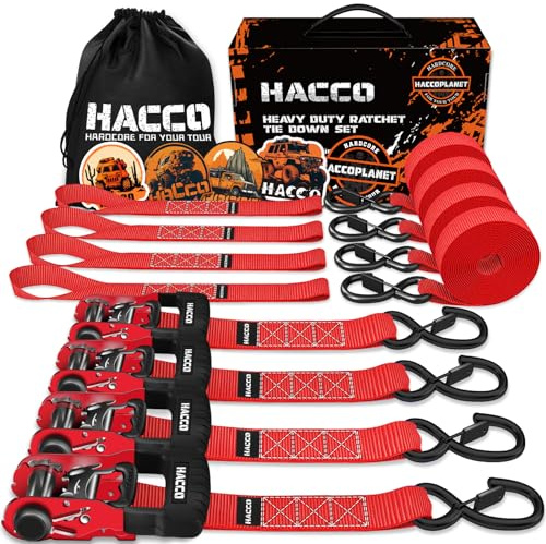 HACCOPLANET Ratchet Straps, 5280lb Break Strengeth, 1.6 Heavy Duty Ratchet Tie Down Strap Set w/Padded Handle, S Hook, Soft Loop for UTV Motorcycle Truck Cargo Straps (Red, 8FT)
