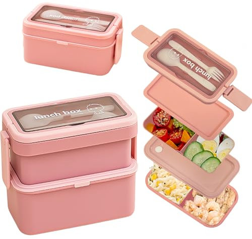 Echehi Porta Pranzo a 2 Strati con Scomparti, Contenitore per il Contenitori Porta Pranzo Impilabile di Grande Capacità da 950 + 550 ml, Bento Box con Forchetta e Cucchiaio e Manico Nascosto. Rosa