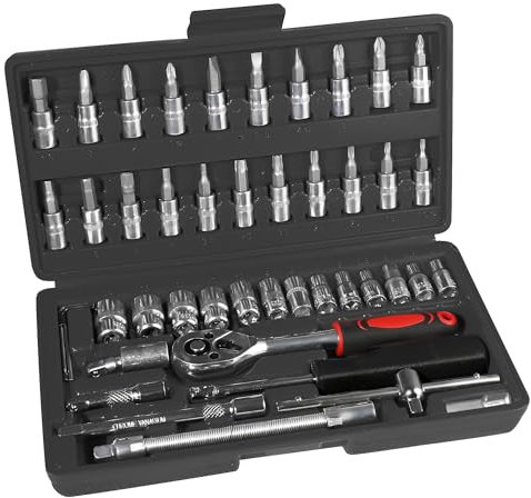 Takezuaa 46 Pieces 1/4 Inch Drive Socket Set Ratchet Wrench Set,Ratchet Spanner Set with 13PCS Cr-V Sockets,Bit Socket Set Metric & Extension Bar,Socket Wrench Set for Household Car Bike Repair