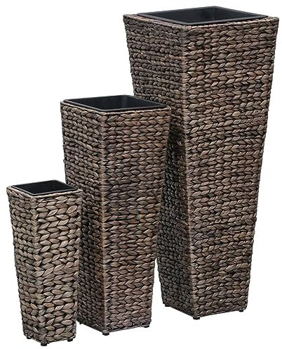 Rantry Lot de 3 pots de fleurs en jacinthe d'eau marron foncé adaptés pour la plantation de plantes et de fleurs, pots d'extérieur adaptés pour terrasses, balcons et patios