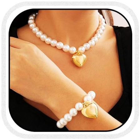Zoerstar - 2 collane con perle e ciondolo a forma di cuore, in oro, stile vintage, da donna