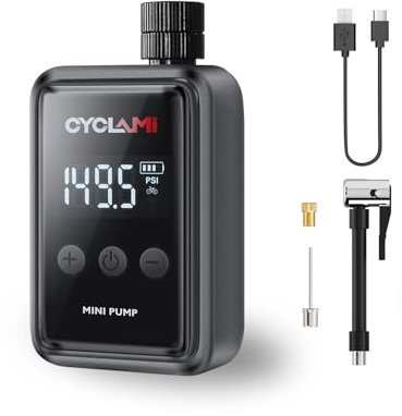 Mini Fahrradpumpe, CYCLAMI 150PSI Elektrische Fahrradpumpe mit Digitalem Manometer, Fahrradpumpe Luftpumpe mit Presta und Schrader Ventil für Rennrad und Mountainbikes