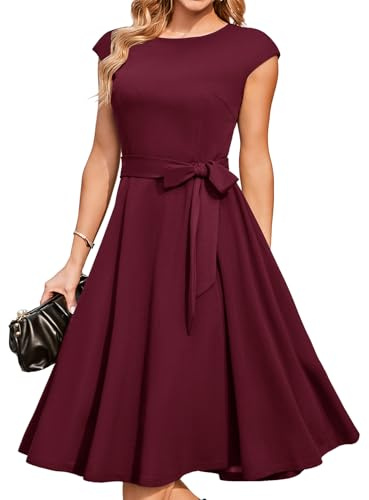 DRESSTELLS Cocktail Dress for Women, Formal Wedding Guest Mother Bride Graduation Evening Prom Tea Party Modest Midi Dress 2026 Burgundy XL