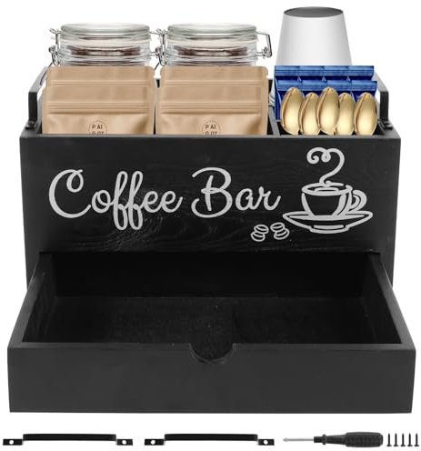 Coffee Station Organizer,Coffee Bar,Coffee and Tea Condiment Storage,Rustic Wooden Tea Bag Caddy with Drawer and Metal Handles,Versatile Coffee Stand Cup Holder for Kitchen Office