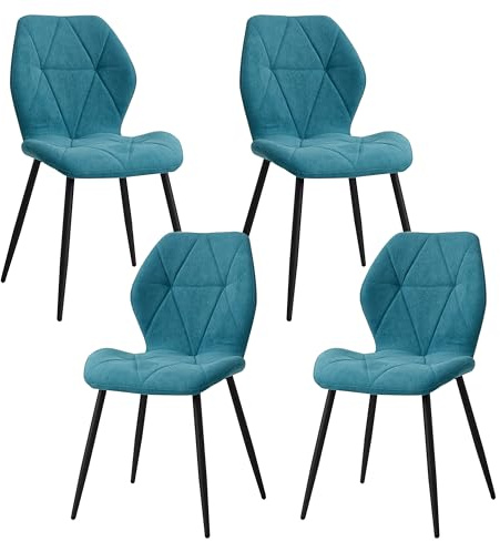 HJhomeheart 4er-Set Esszimmerstühle, Moderne Küchenstühle, Gepolsterte Stühle mit Metallbeinen, Stoffkissen mit Rautenmuster, Seeblau