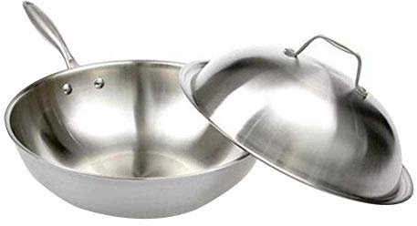 CTCOIJRN Wok de Acero Inoxidable Antiadherente de 32 cm con Tapa de Acero Inoxidable, Apto for Todas Las cocinas, incluidos los Mangos de inducción.