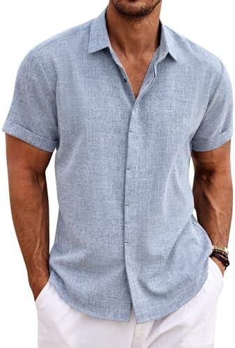COOFANDY Mens Linen Shirts Short Sleeved Summer Regular Fit Button Down Hawaiian Holiday Tops