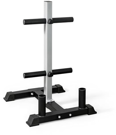 CAP Barbell Olympic Bumper Plate Tree Rack with 4 Weight Plate Posts and 2 Barbell Storage Holders – Heavy-Duty Steel Gym Organizer for Olympic Plates and Bars - Gray