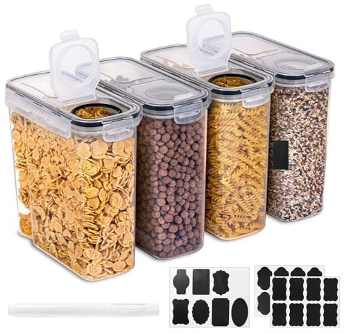 OurLeeme Cereal Storage Containers, 4Pcs Airtight Durable Food Storage Container Set Food Grade BPA Free Cereal Dispenser with Label Stickers, 4L Flour Boxes for Grain Beans Nuts Cornflakes